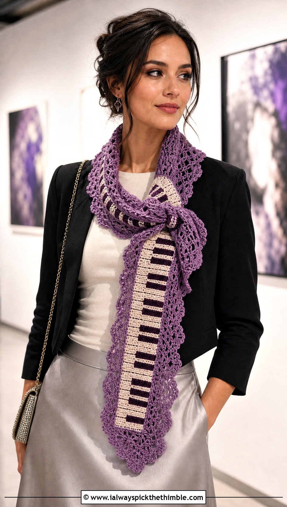 Lace Edge Crochet Piano Scarf With Satin Midi Skirt - 25 crochet piano scarf outfit ideas