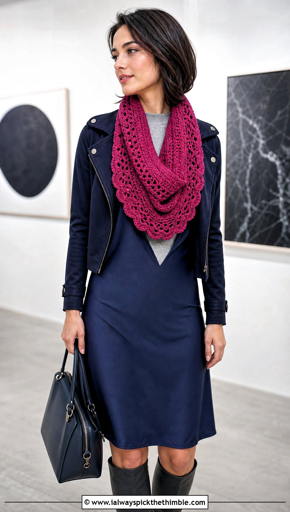 Lace Edge Crochet Snood Scarf With Slip Dress - 20 crochet snood scarf outfit ideas