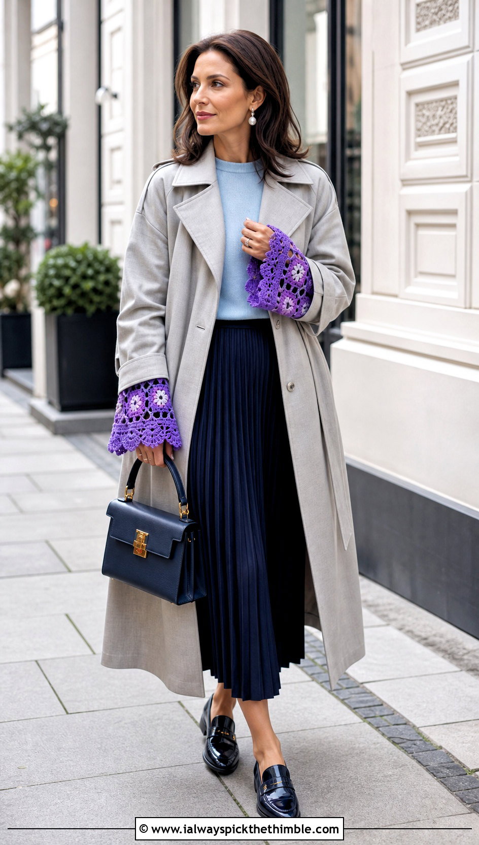 Lace Edge Granny Square Arm Warmers With Trench Coat - 20 Granny Square Arm Warmers outfit ideas