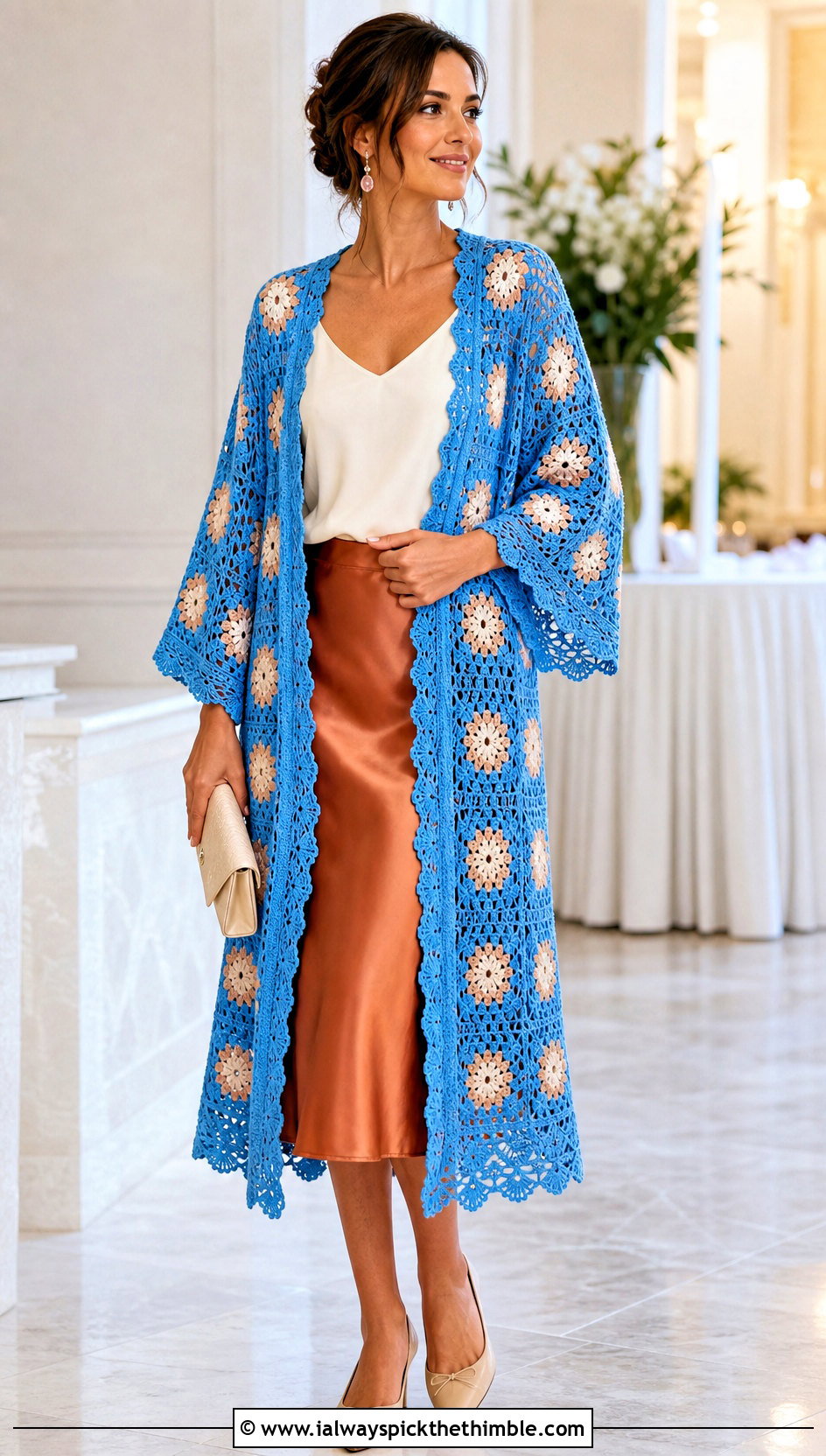 Lace Edge Granny Square Kimono With Satin Skirt - 20 granny square kimono outfit ideas