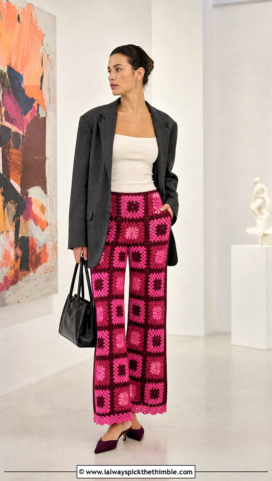 Lace Edge Granny Square Pants With Oversized Blazer - 25 granny square pants outfit ideas