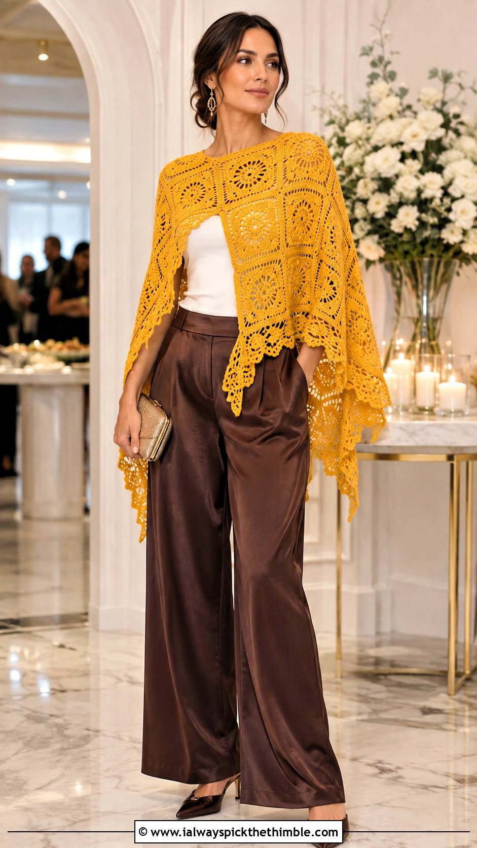 Lace Edge Granny Square Poncho With Satin Pants - 25 granny square poncho outfit ideas