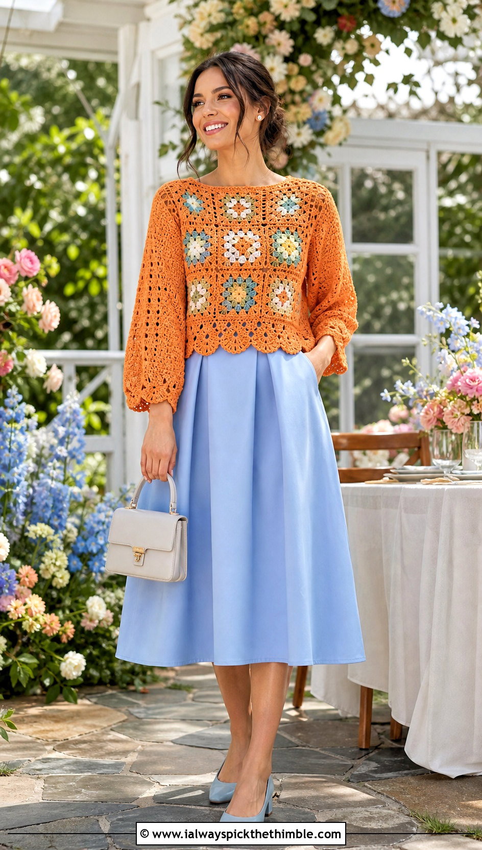 Lace Edge Granny Square Pullover With A Line Midi Skirt - 25 crochet granny square pullover outfit ideas