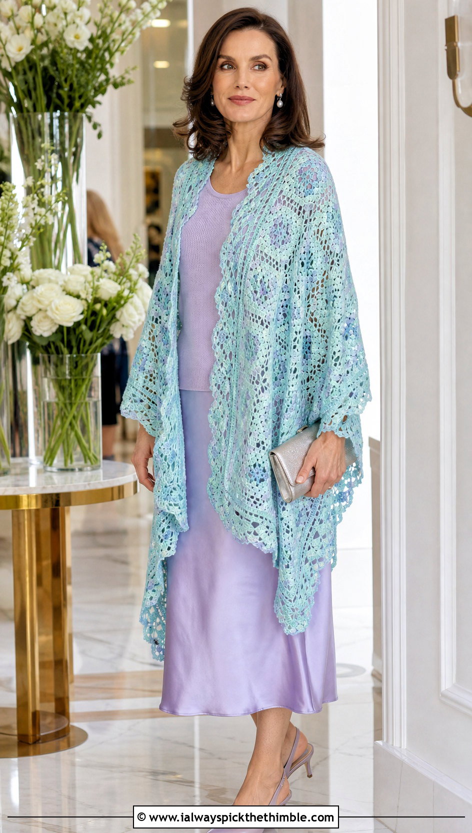Lace Edge Granny Square Wrap With Satin Midi Skirt - 20 granny square wrap outfit ideas