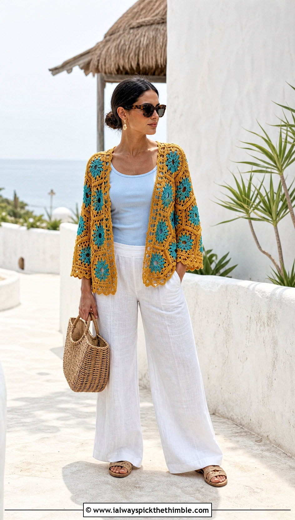 Lace Edge Hexagon Crochet Cardigan With Linen Pants - 20 Hexagon Crochet Cardigan With Granny Squares outfit ideas