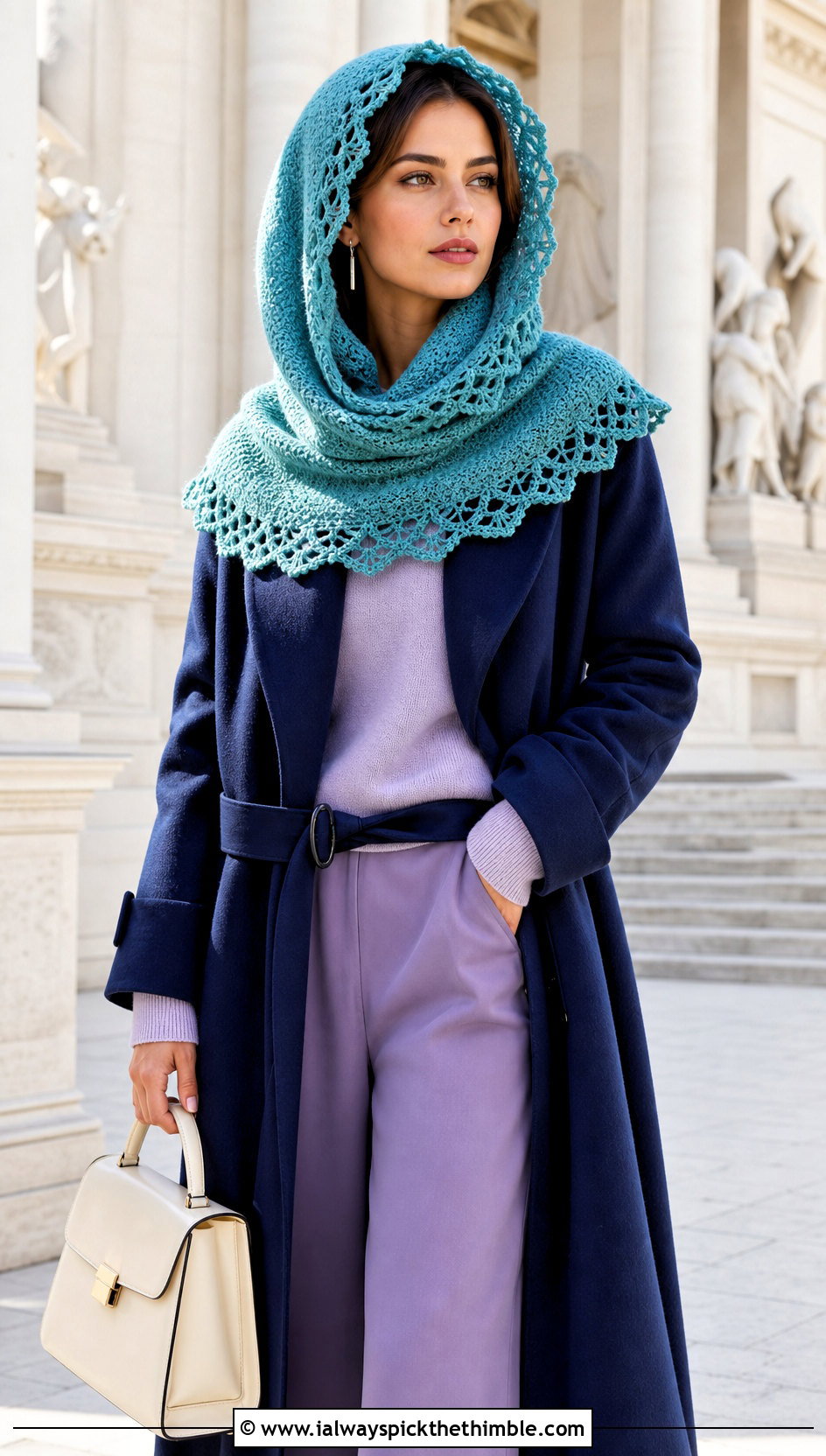 Lace Edge Tunisian Hooded Cowl With Belted Coat - 15 Tunisian Crochet Hooded Cowl outfit ideas