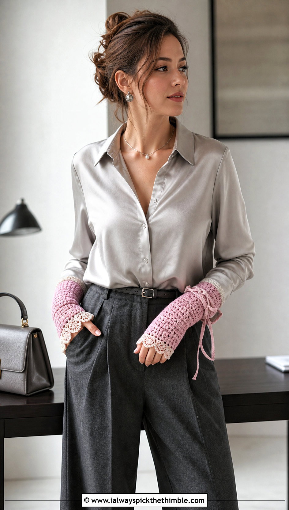 Lace Edged Crochet Wrist Warmers With Satin Blouse And Trousers - 20 Easy Crochet Arm Warmers outfit ideas
