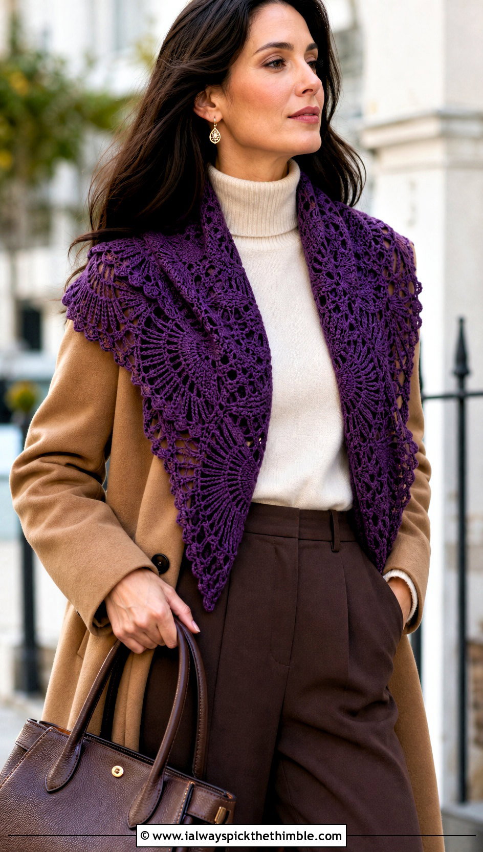 Lace Fan Sideways Crochet Shawl With Wool Coat - 20 Sideways Crochet Shawl outfit ideas