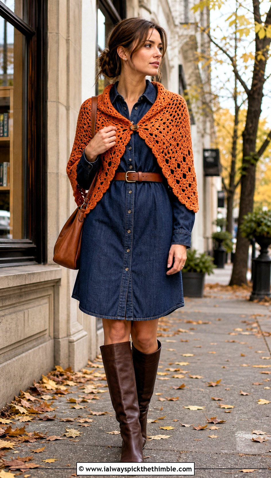 Lace Fichu Capelet With Denim Shirt Dress - 15 Outlander Crochet Capelet outfit ideas