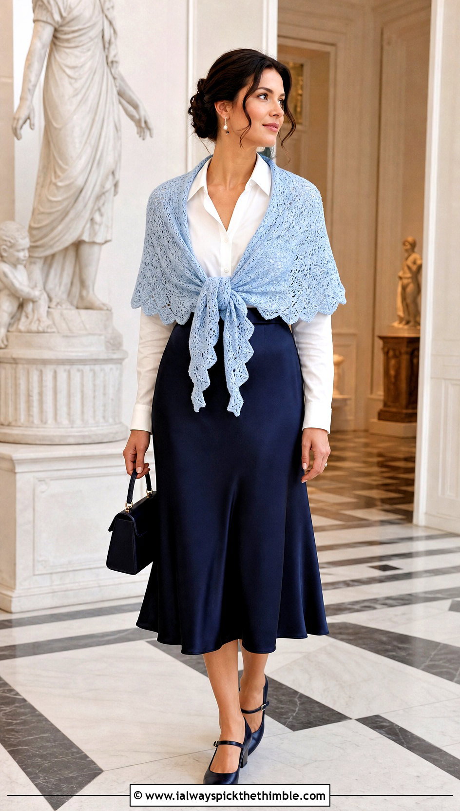 Lace Fichu Crochet Outlander Shawl With Blouse And Midi Skirt - 25 crochet outlander shawl outfit ideas
