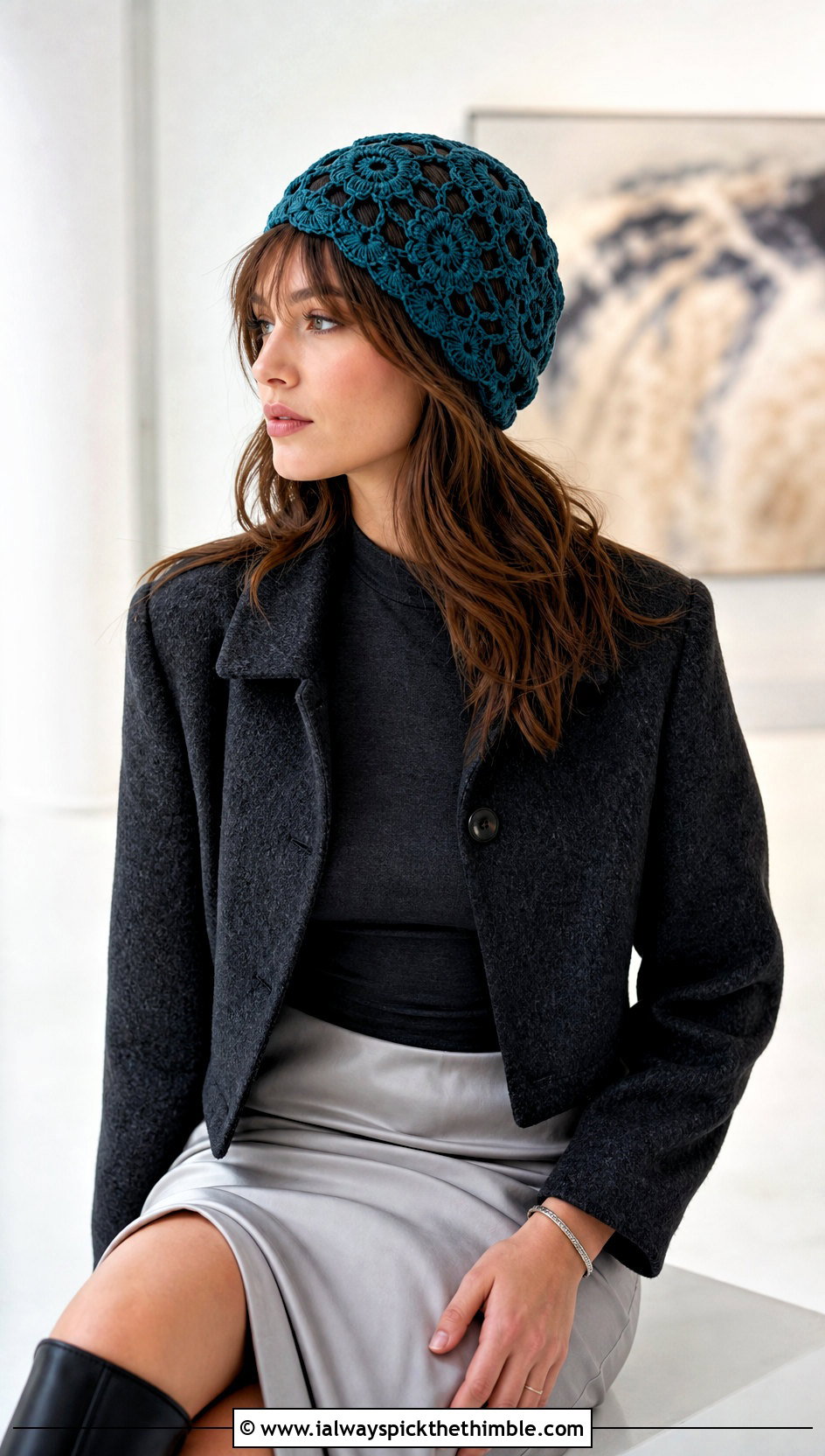 Lace Flower Crochet Beanie With Satin Skirt - 20 crochet flower beanie outfit ideas