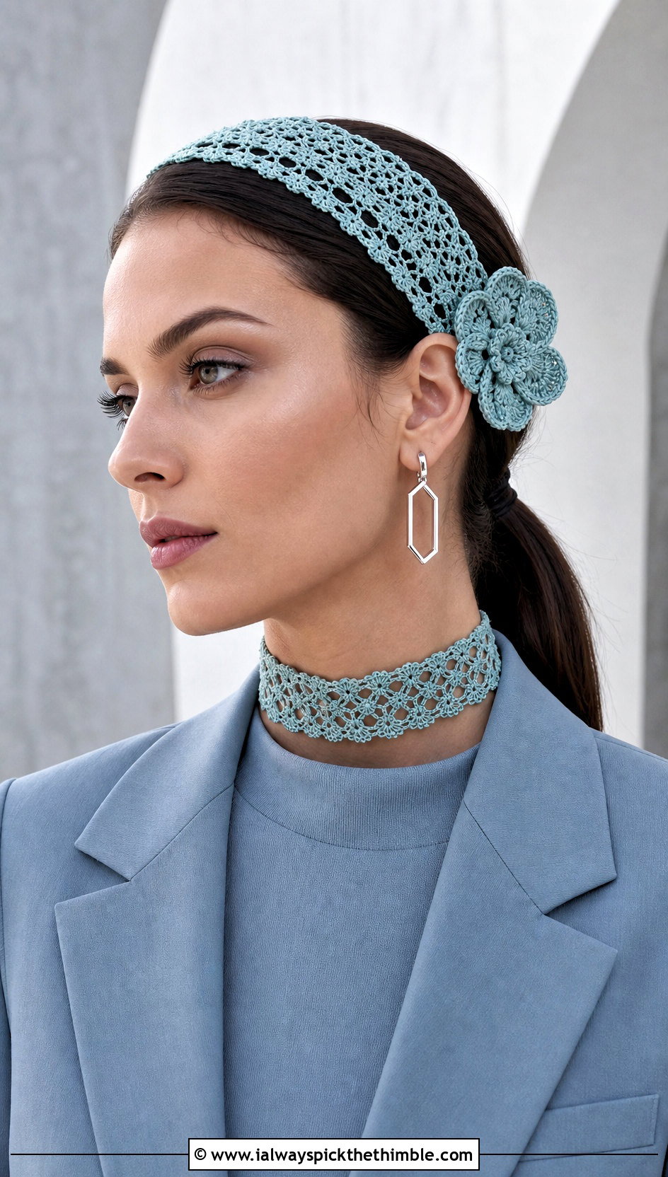 Lace Flower Crochet Headband Set With Monochrome Outfit - 15 crochet flower and headband set outfit ideas