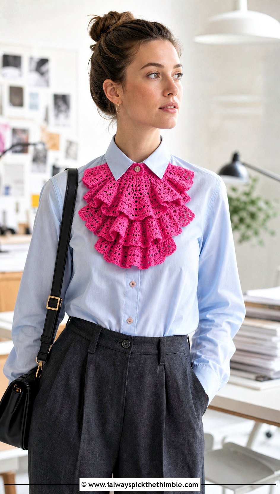 Lace Frill Jabot Crochet Collar With Shirt And Pleated Pants - 15 Vintage Crochet Collar Design outfit ideas