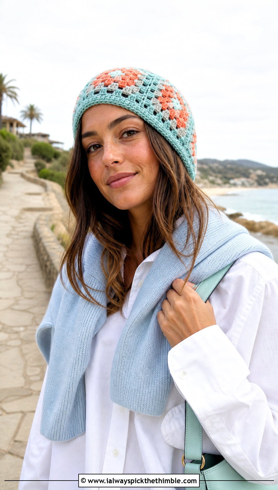 Lace Granny Square Beanie With Button Down Shirt - 20 granny square beanie outfit ideas