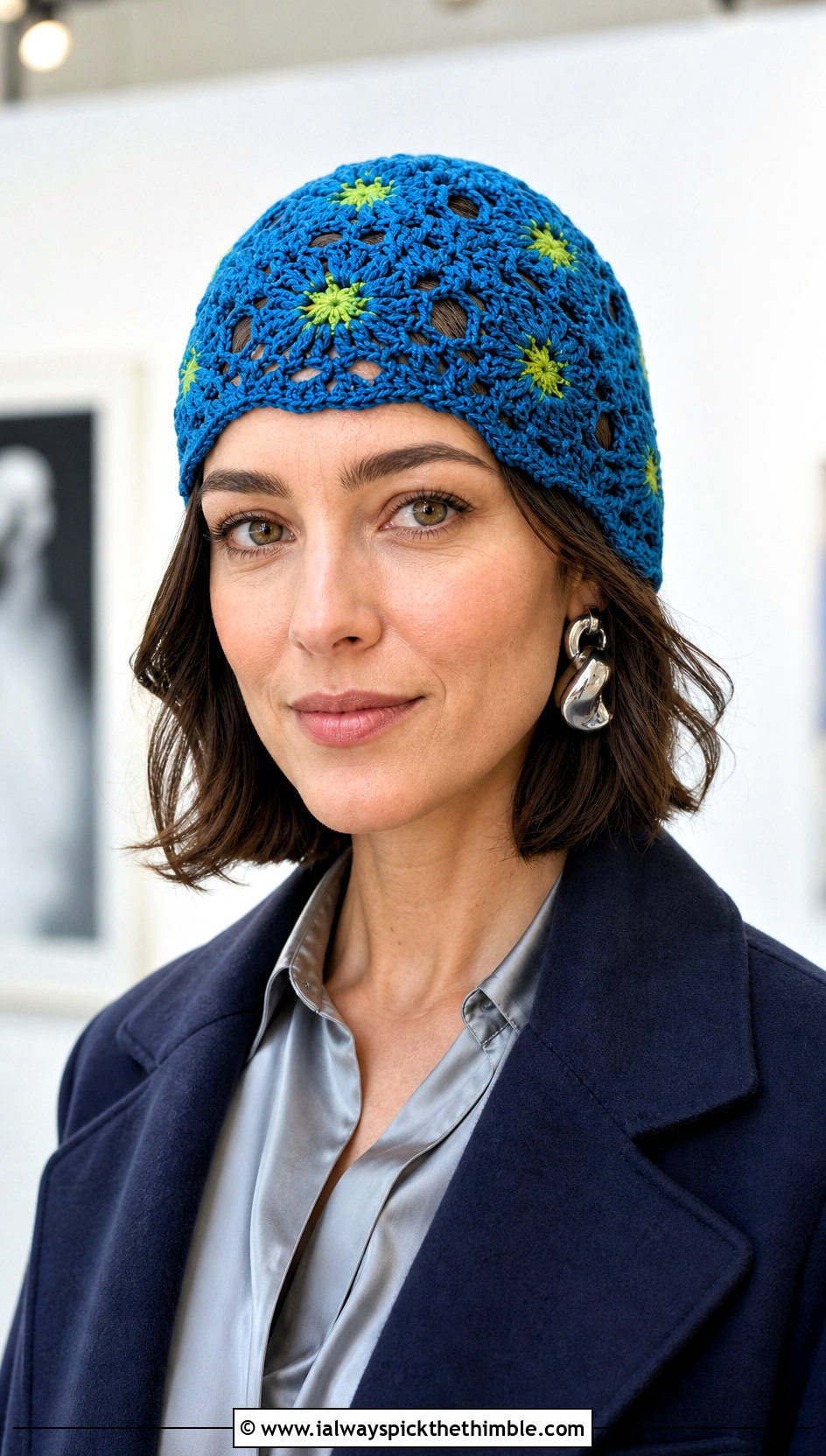 Lace Granny Square Beanie With Satin Blouse - 25 crochet granny square beanie outfit ideas