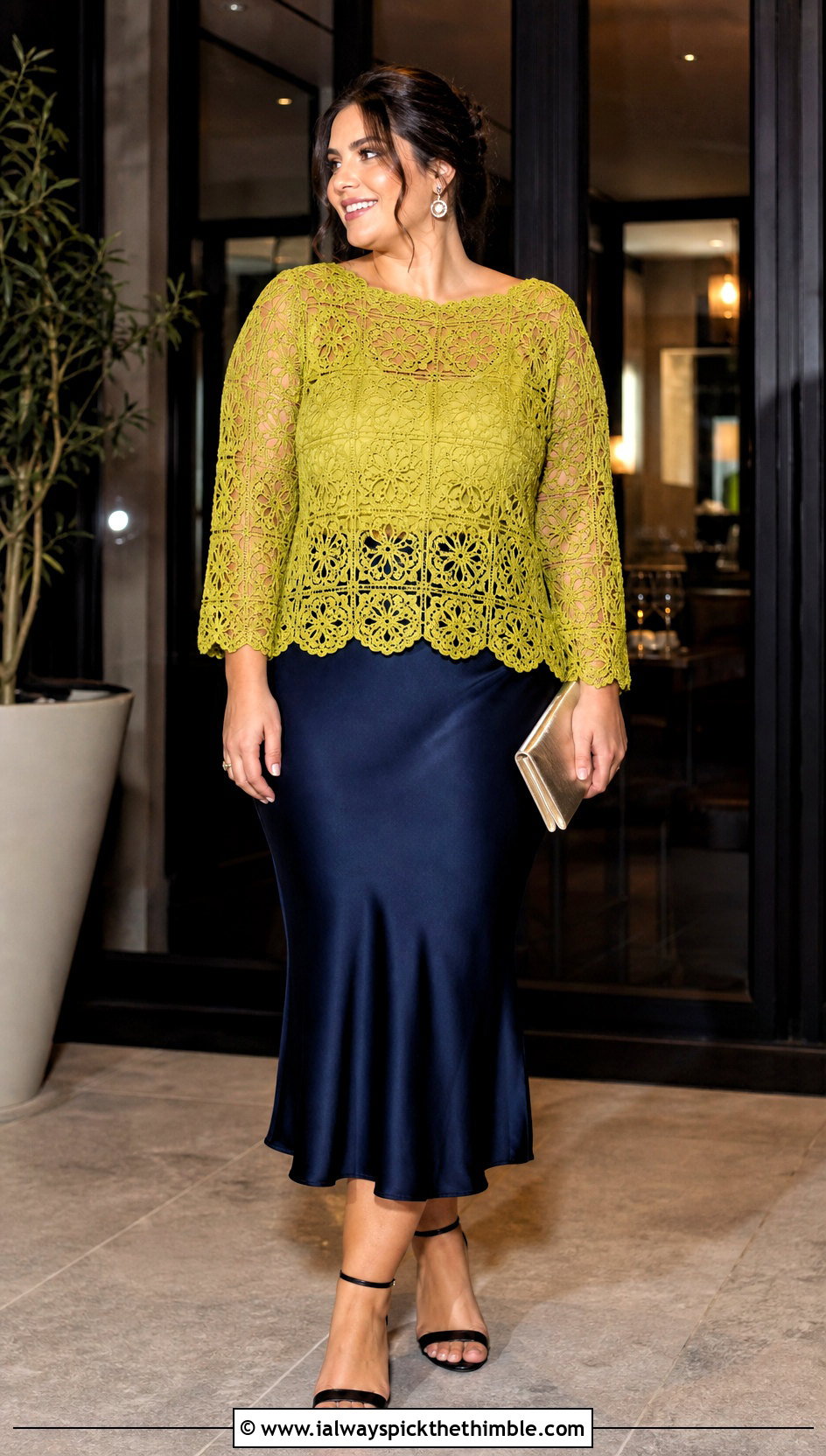 Lace Granny Square Blouse With Satin Midi Skirt - 25 Granny Square Blouse outfit ideas