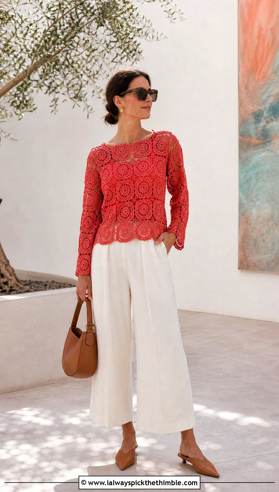 Lace Granny Square Blouse With Wide Leg Culottes - 20 Crochet Granny Square Tops For Women outfit ideas