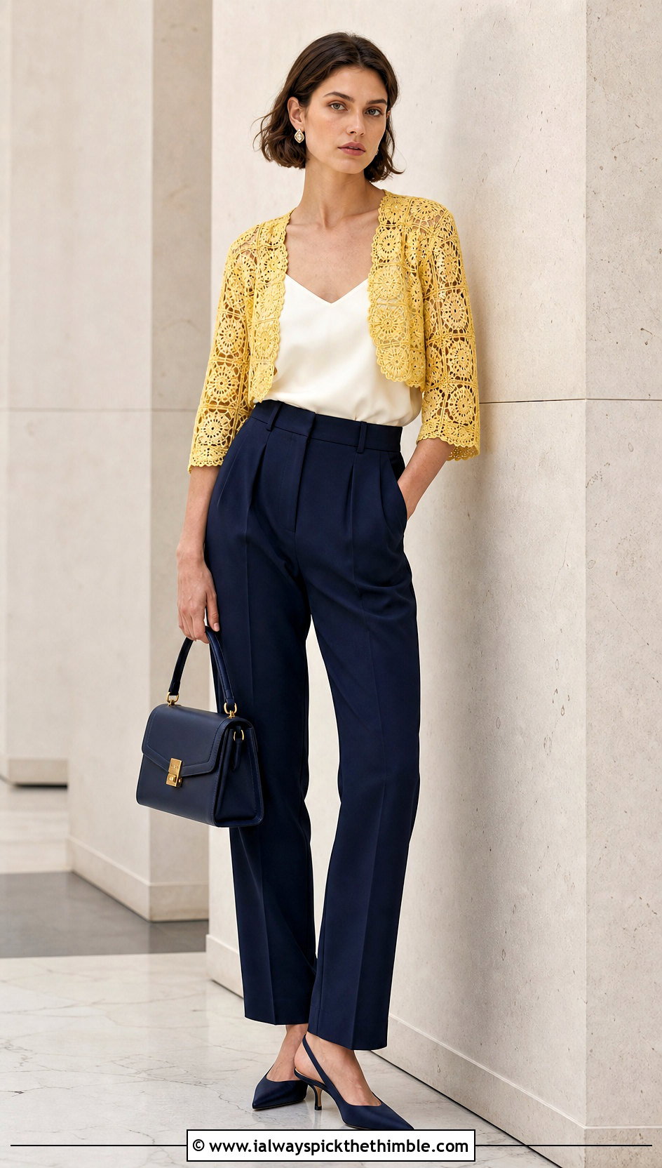 Lace Granny Square Bolero With Tailored Trousers - 25 granny square bolero outfit ideas