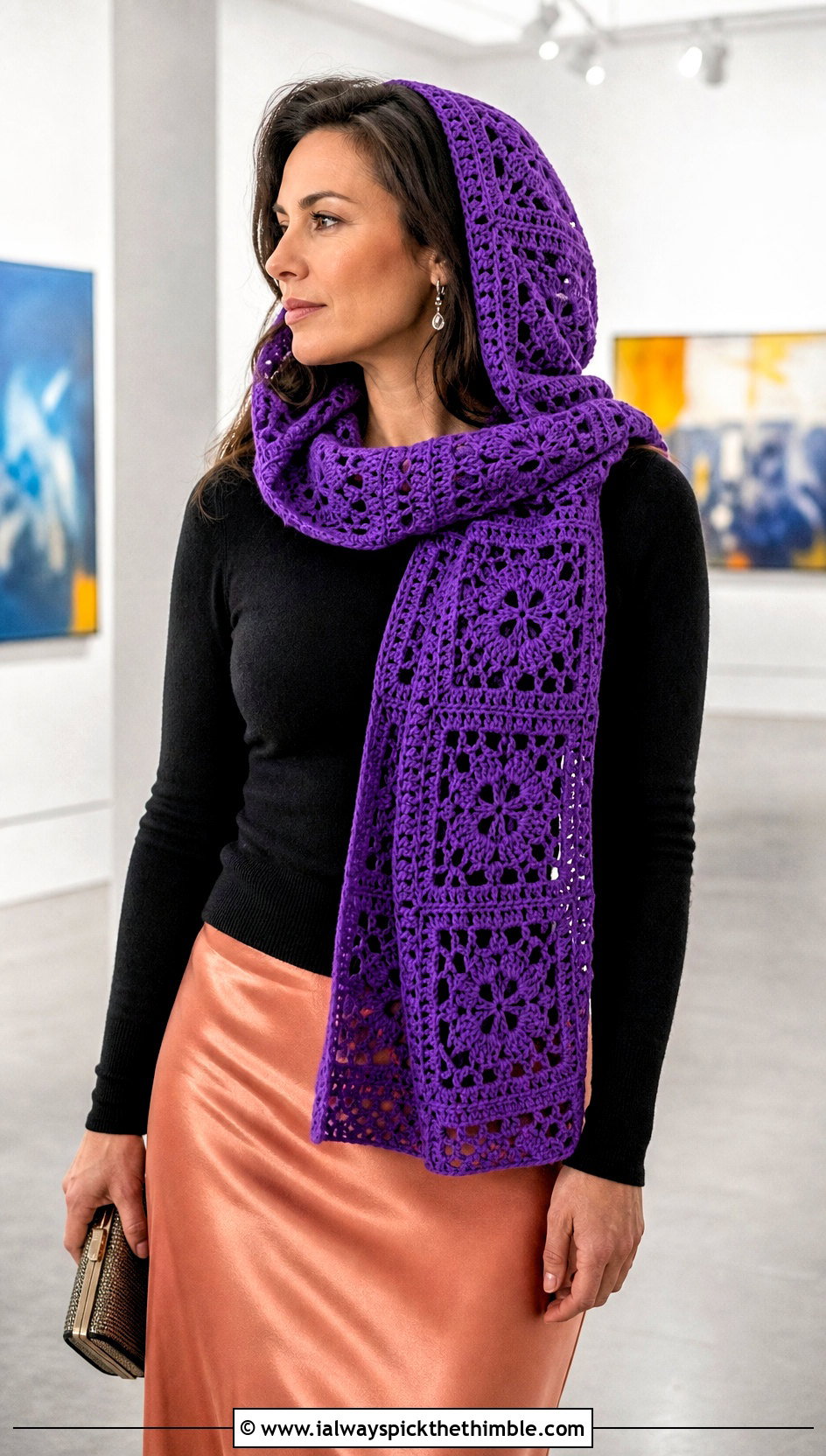 Lace Granny Square Crochet Hooded Scarf With Satin Midi Skirt - 20 Granny Square Crochet Hooded Scarf outfit ideas