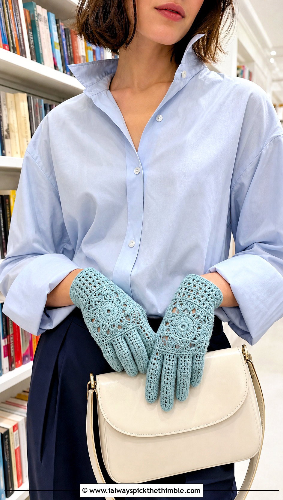 Lace Granny Square Gloves With Button Down Shirt - 20 Fingerless Granny Square Gloves outfit ideas