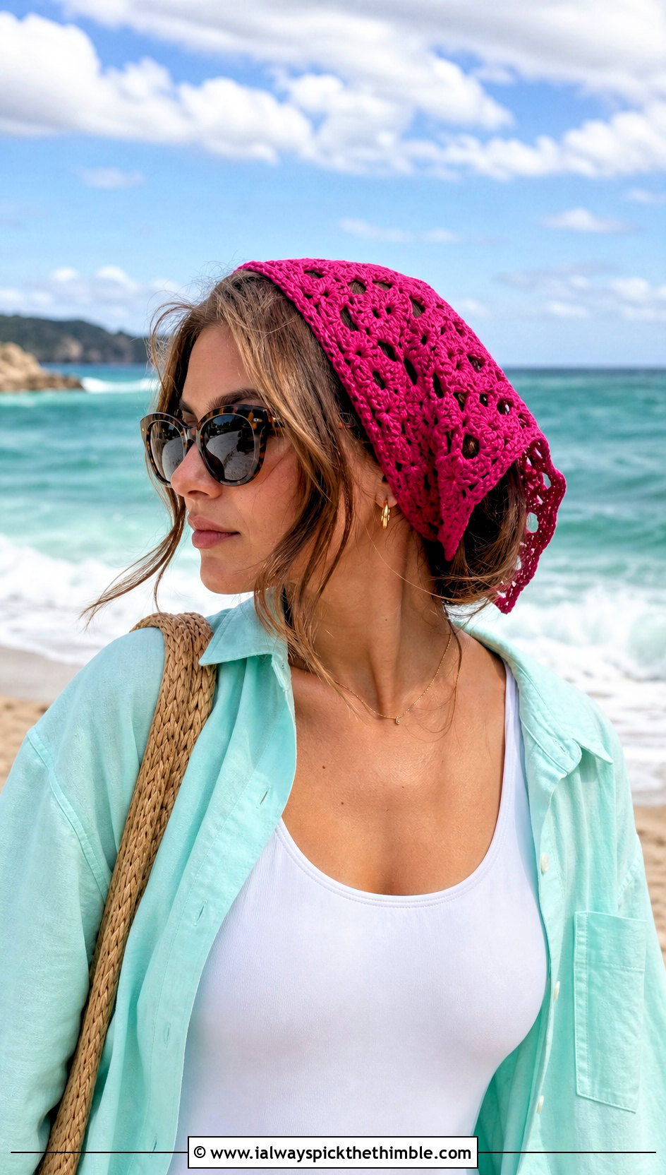 Lace Granny Square Hair Scarf With Swimsuit And Cover Up Shirt - 20 granny square hair scarf outfit ideas