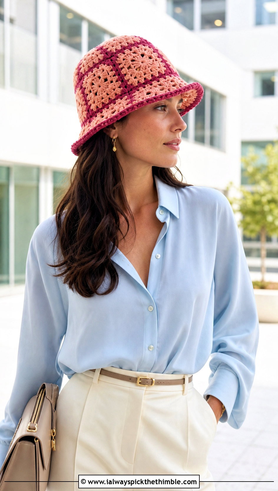 Lace Granny Square Hat With Blouse And Trousers - 20 Easy Crochet Granny Square Hats outfit ideas