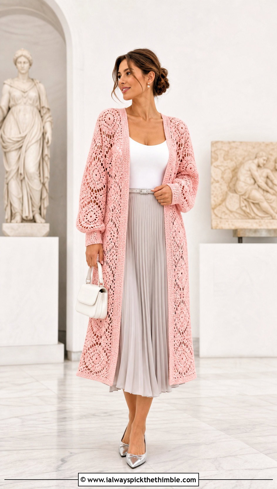 Lace Granny Square Long Cardigan With Pleated Midi Skirt - 25 long granny square cardigan outfit ideas