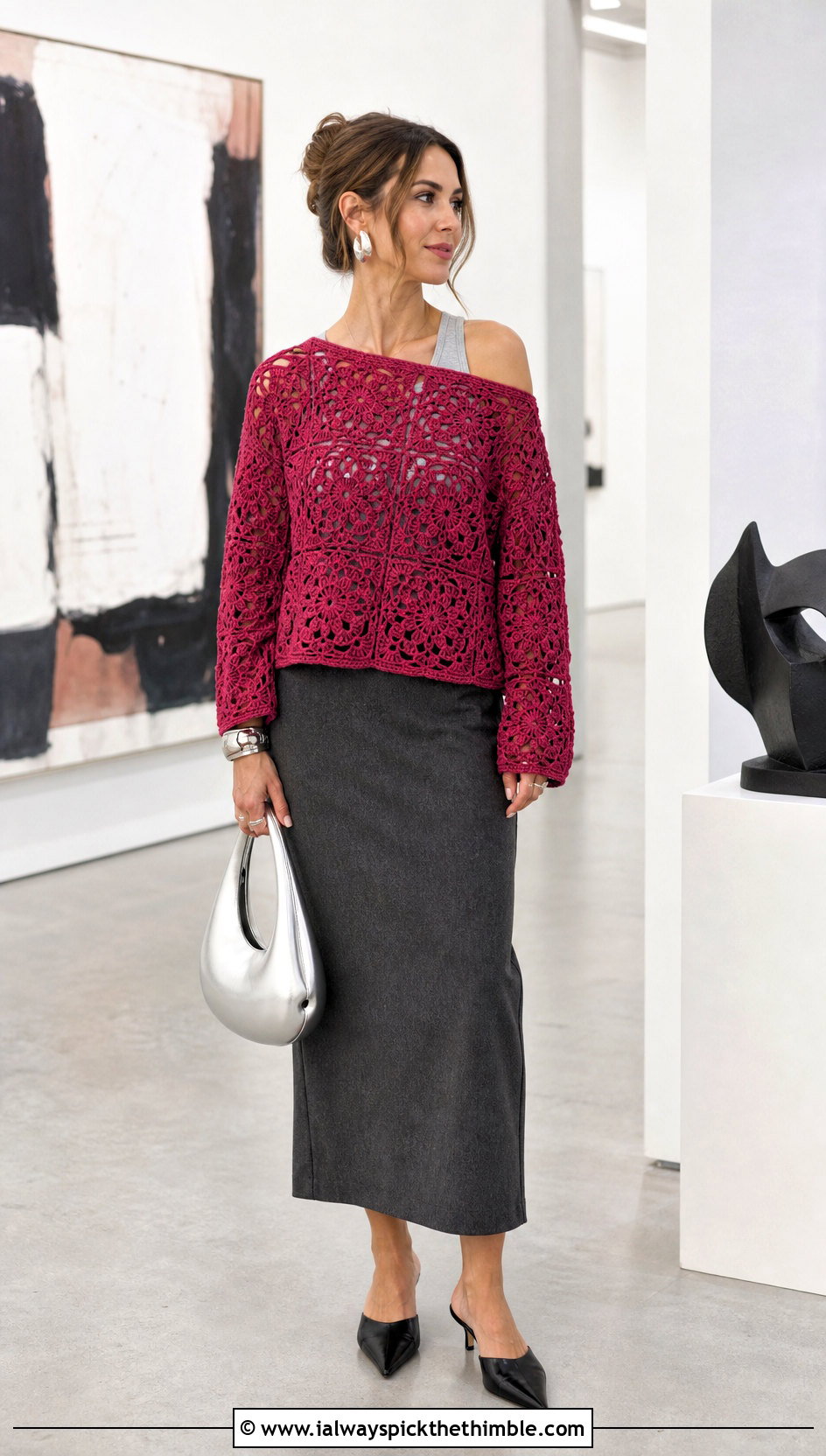 Lace Granny Square Off The Shoulder Sweater With Column Skirt - 20 granny square off the shoulder sweater outfit ideas