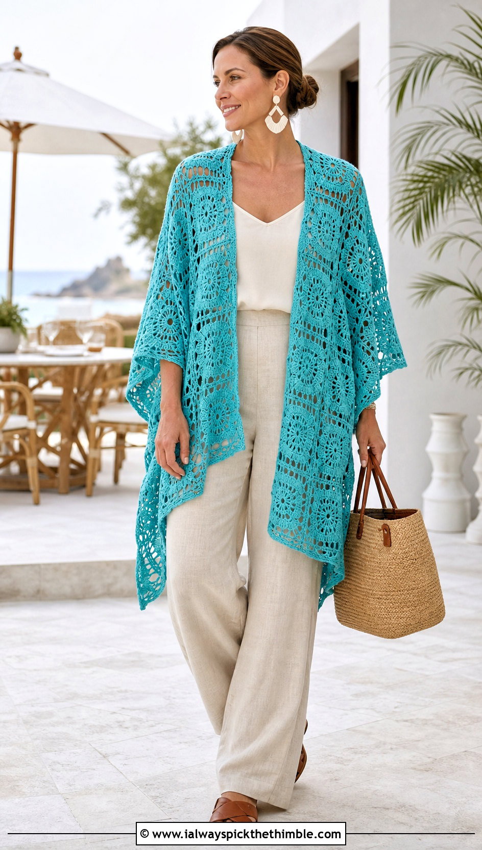 Lace Granny Square Ruana With Linen Pants - 20 Granny Square Ruana outfit ideas