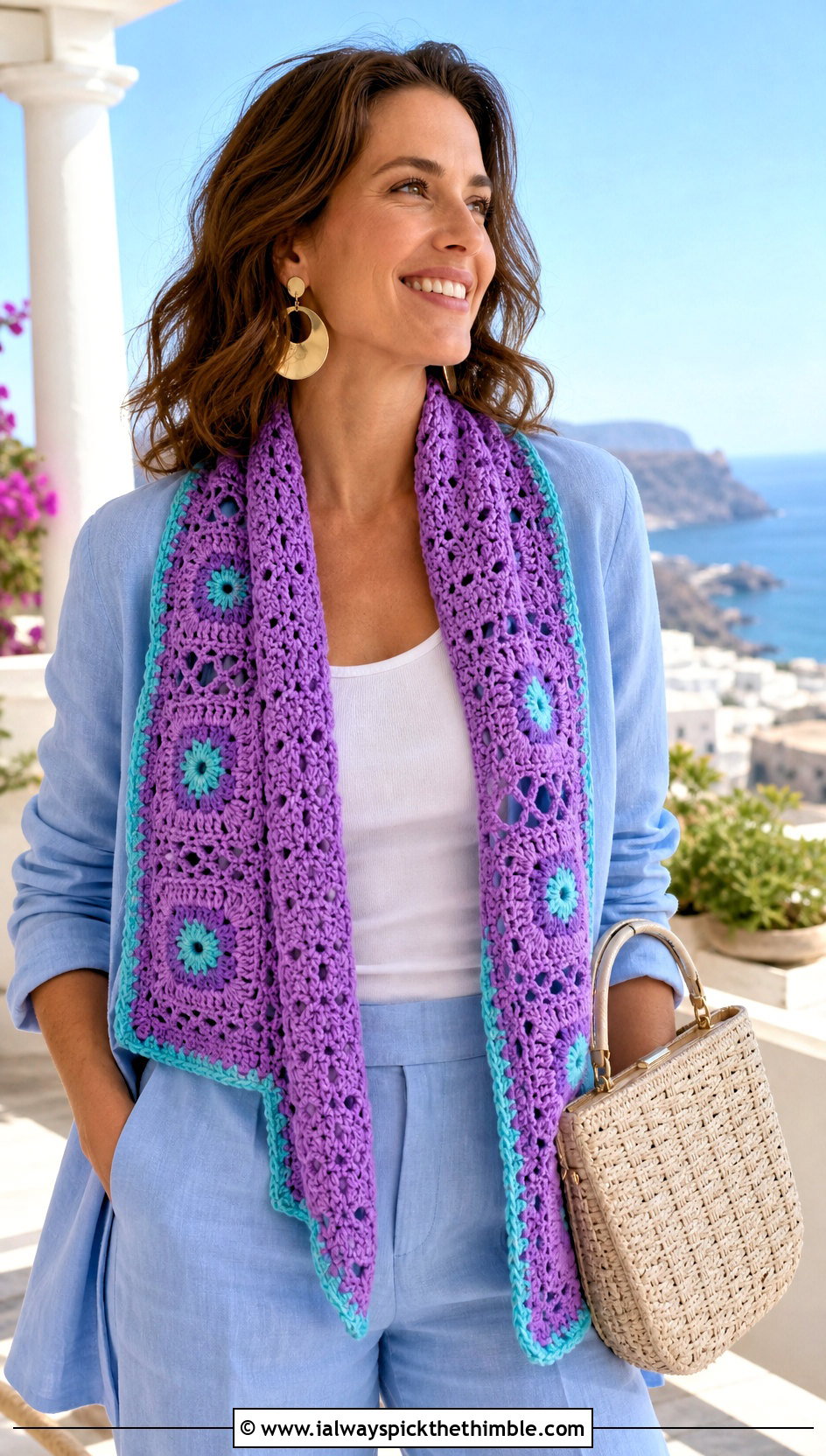 Lace Granny Square Scarf With Linen Suit And Sandals - 25 granny crochet scarf outfit ideas