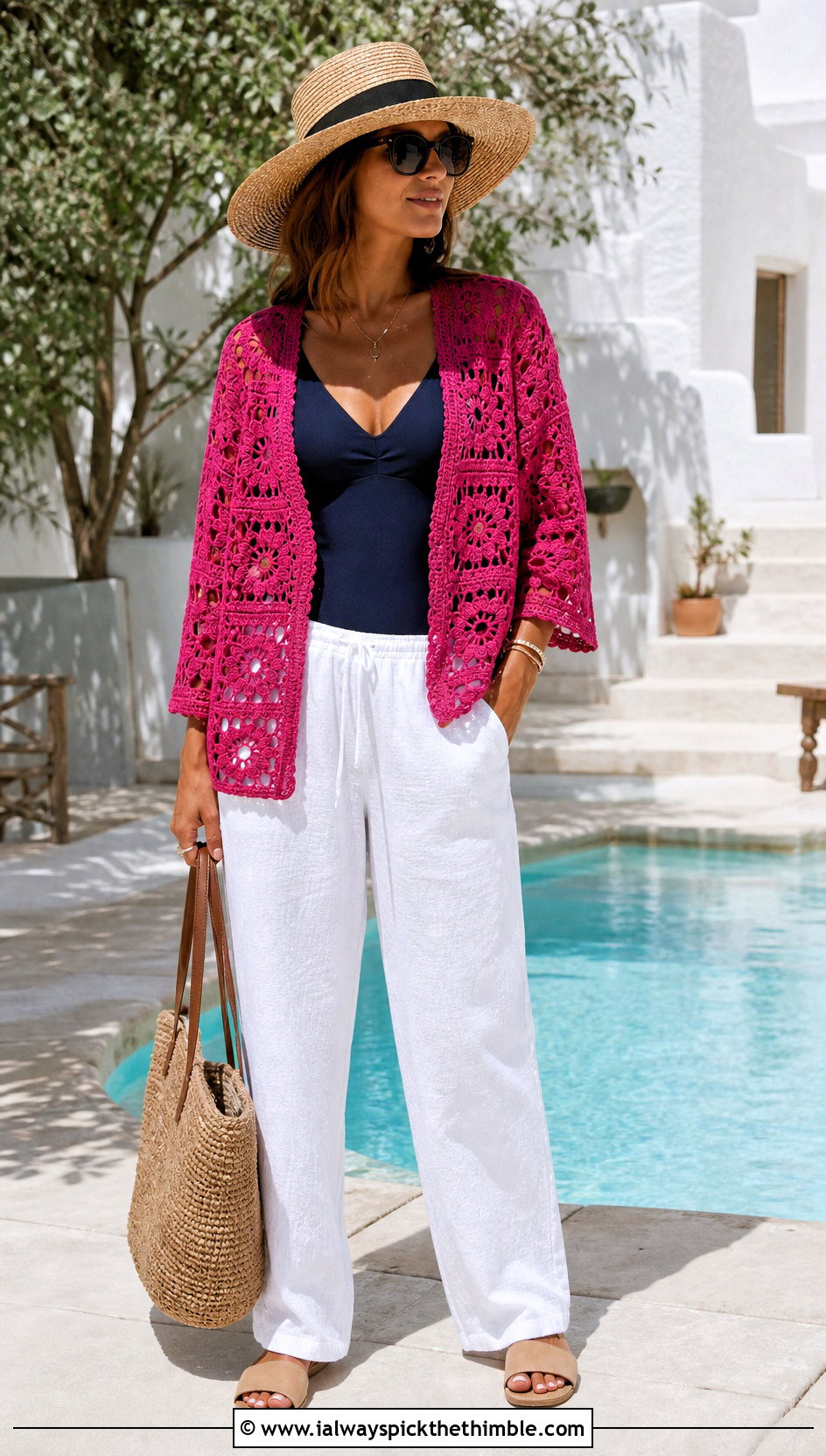 Lace Granny Square Summer Cardigan With Swimsuit And Linen Pants - 20 granny square summer cardigan outfit ideas