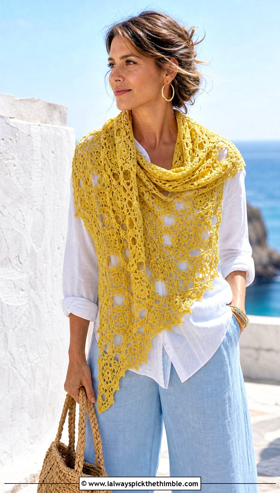Lace Granny Square Triangle Shawl With Linen Shirt And Wide Leg Pants - 20 granny square triangle shawl outfit ideas