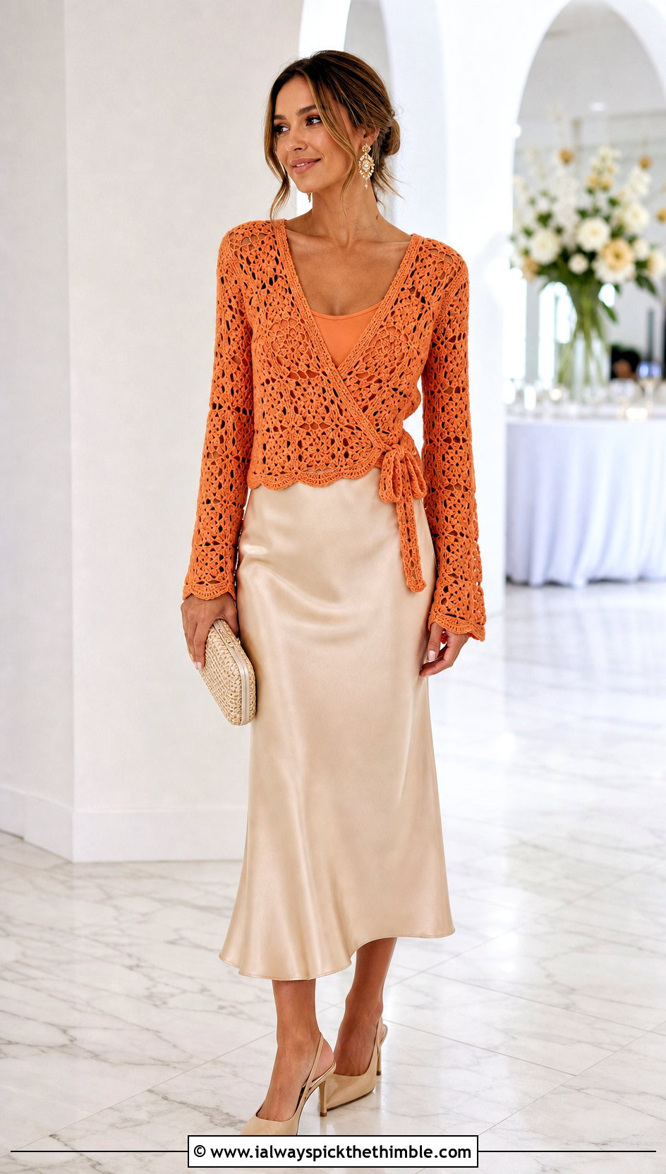 Lace Granny Square Wrap Top With Satin Midi Skirt - 25 granny square wrap top outfit ideas