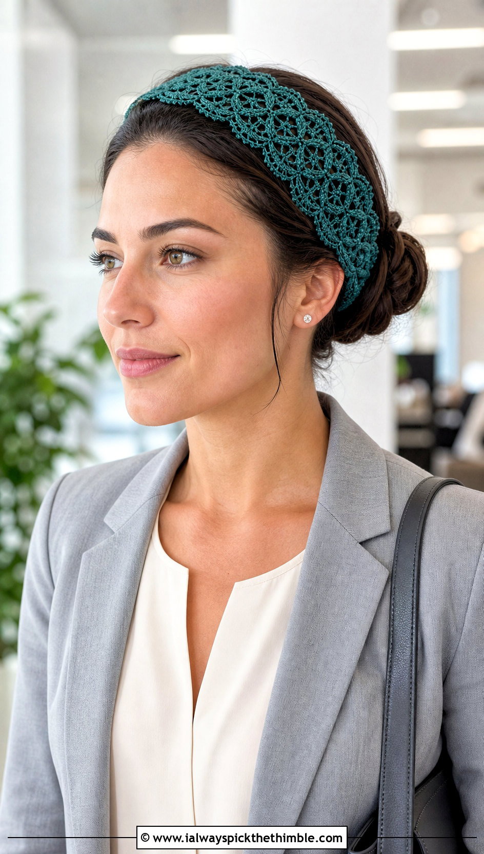 Lace Hair Tie Crochet Headband With Blazer And Trousers - 15 crochet headband using hair tie outfit ideas