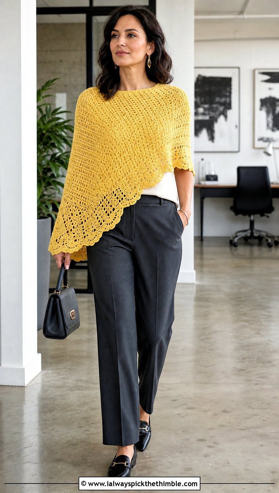 Lace Hem Uptown Crochet Poncho With Tailored Trousers - 15 Uptown Crochet Poncho outfit ideas