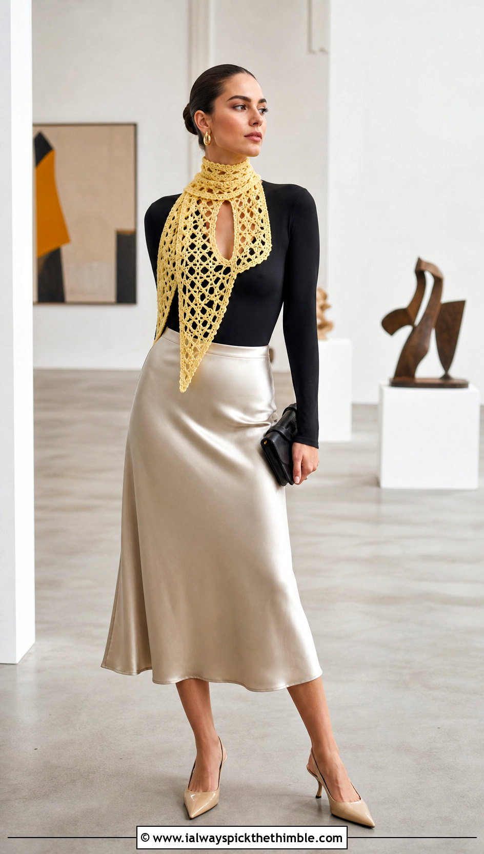 Lace Keyhole Crochet Scarf With Satin Midi Skirt - 15 Key Hole Crochet Scarf outfit ideas
