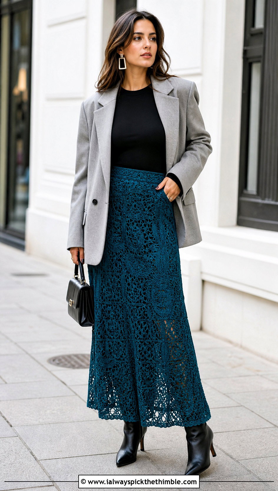 Lace Mesh A Line Maxi Skirt With Oversized Blazer - 20 Crochet A Line Skirt outfit ideas