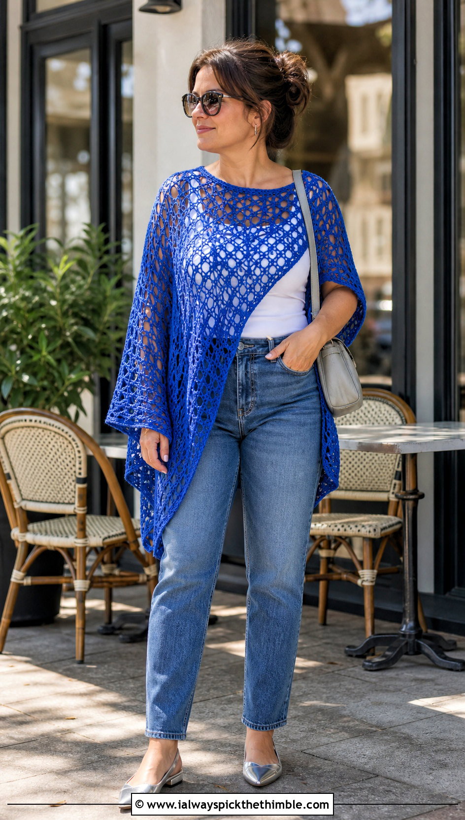 Lace Mesh Asymmetrical Crochet Poncho With Straight Leg Jeans - 20 Asymmetrical Crochet Poncho outfit ideas