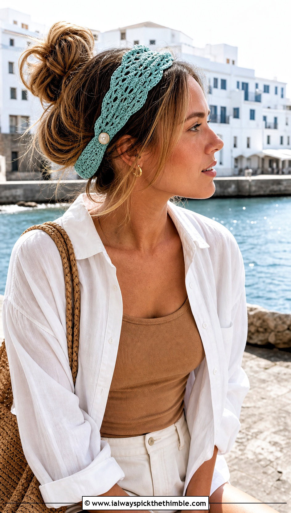 Lace Mesh Button Headband With Linen Shirt And Shorts - 15 Crochet Headband With Button outfit ideas