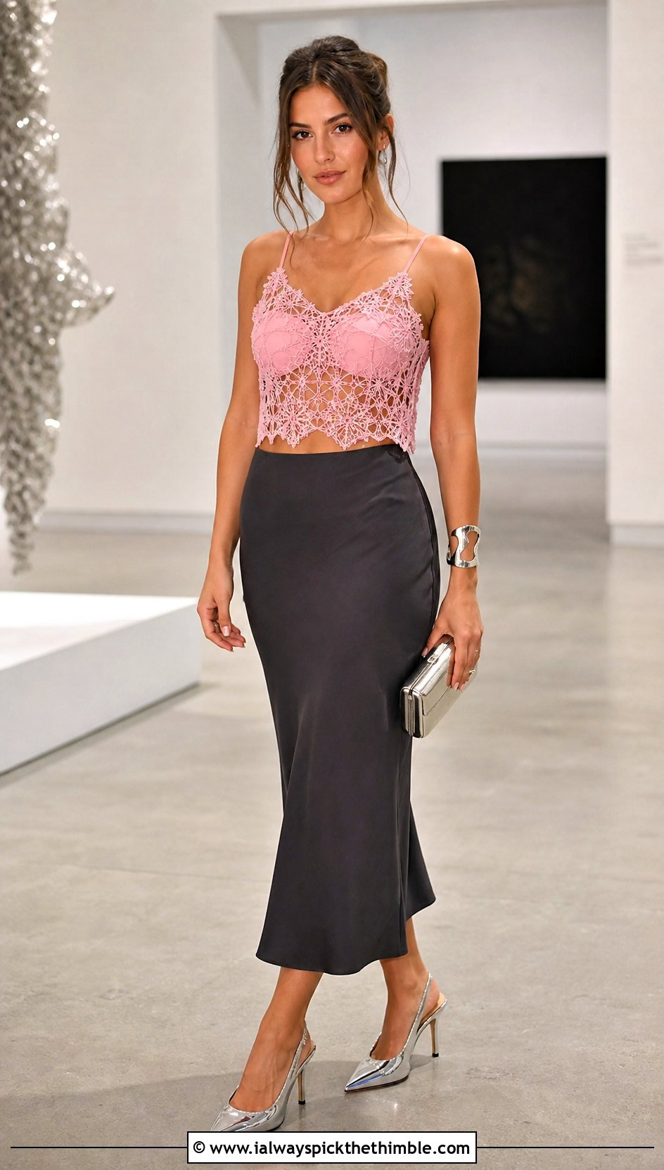 Lace Mesh Cami Crochet Crop Top With Satin Midi Skirt - 20 Easy Crochet Crop Top outfit ideas
