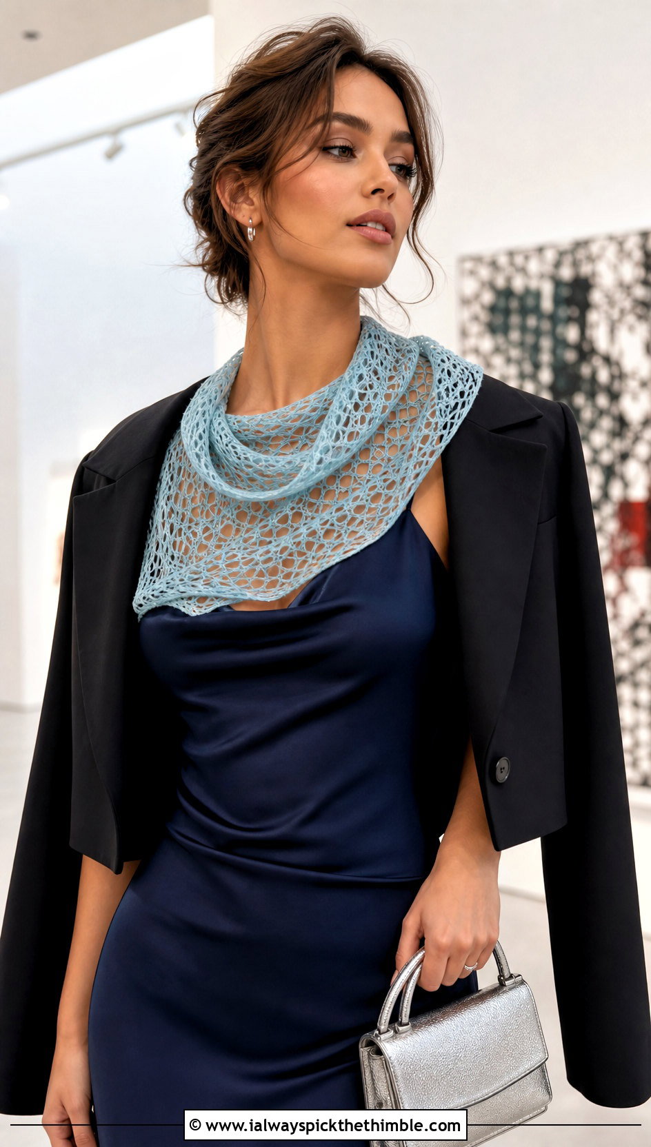Lace Mesh Cowl With Slip Dress And Cropped Blazer - 15 Cowls To Crochet outfit ideas