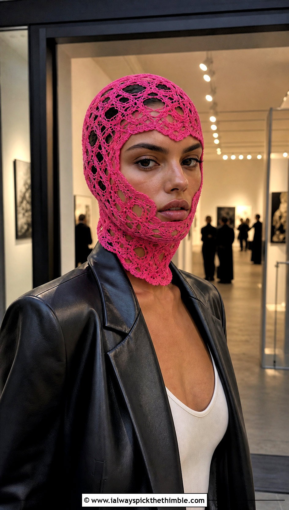 Lace Mesh Crochet Balaclava With Leather Blazer - 25 crochet balaclava outfit ideas