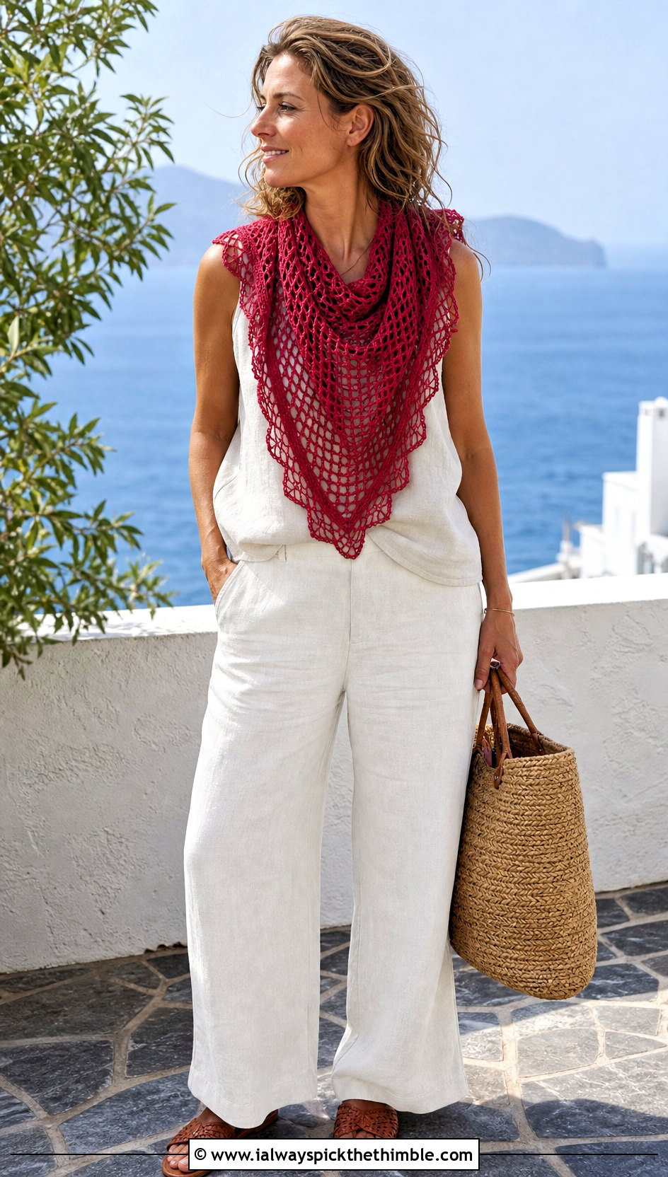 Lace Mesh Crochet Bandana Cowl With Linen Outfit - 20 crochet bandana cowl outfit ideas