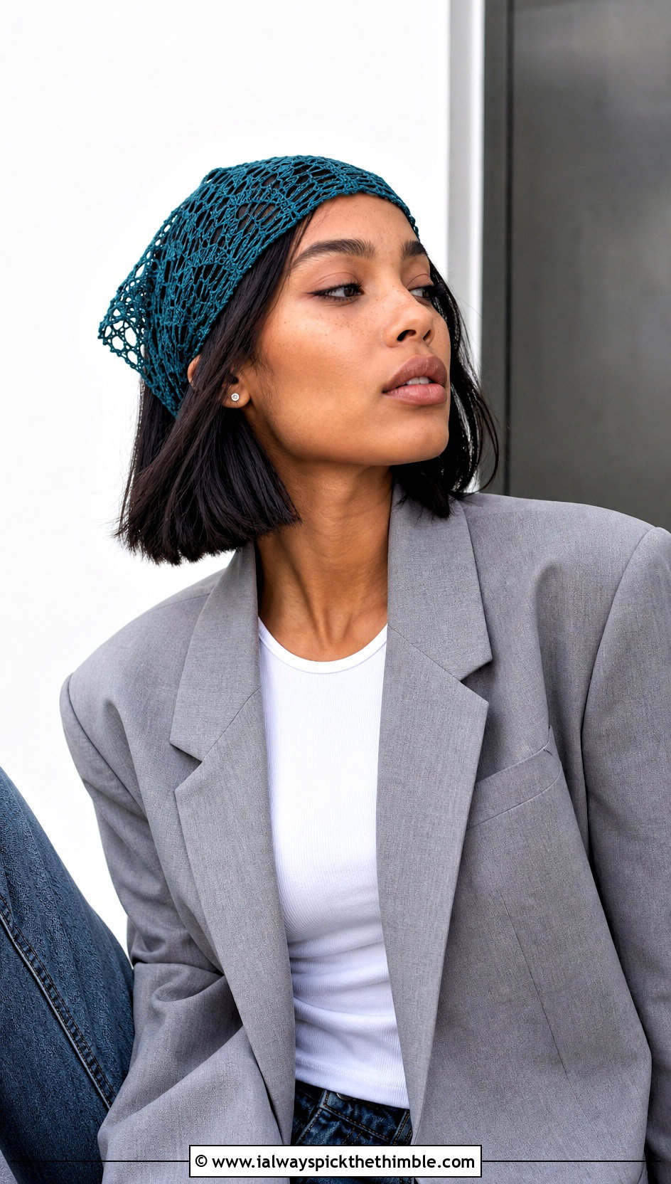 Lace Mesh Crochet Bandana Headband With Blazer And Jeans - 20 Crochet Bandana Headband outfit ideas