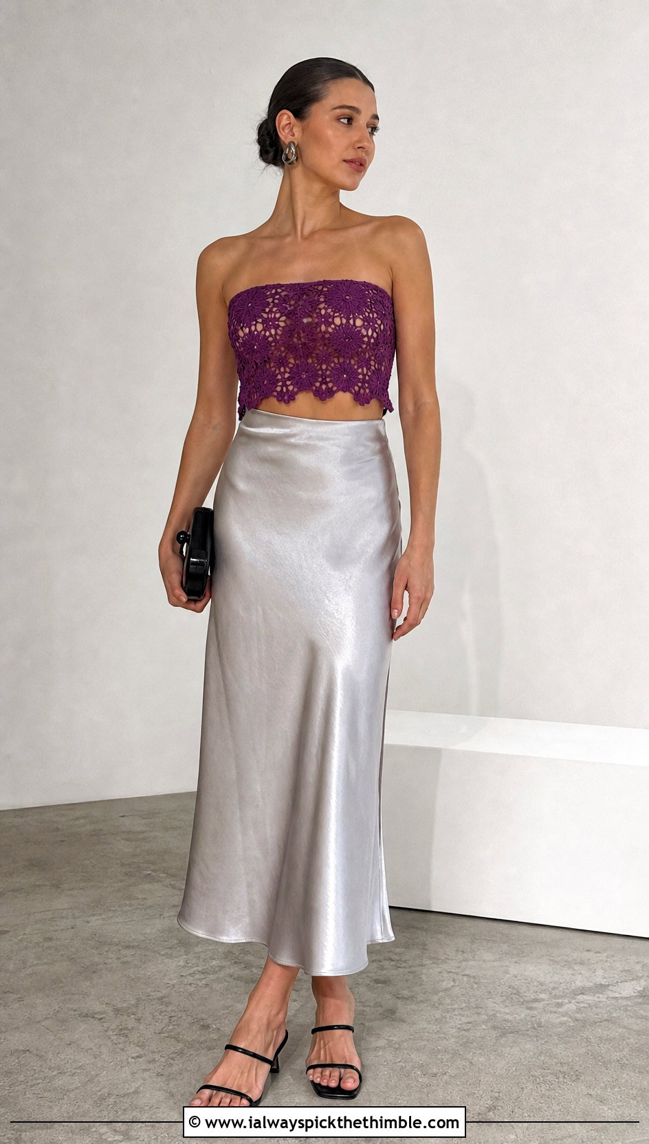 Lace Mesh Crochet Bandeau Top With Satin Slip Skirt - 25 crochet bandeau top outfit ideas
