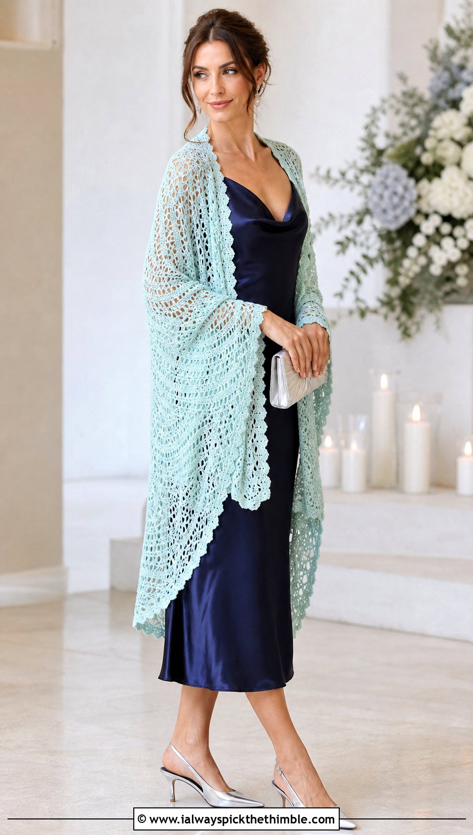 Lace Mesh Crochet Blanket Shawl With Satin Slip Dress - 15 Crochet Shawl Blanket outfit ideas