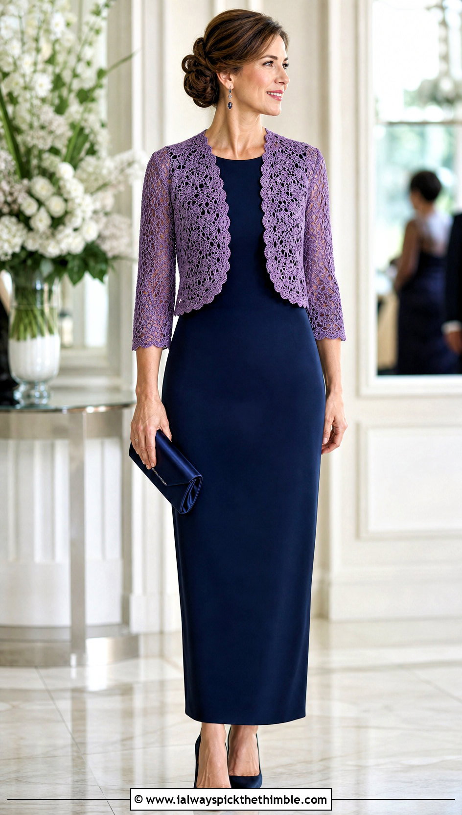 Lace Mesh Crochet Bolero With Column Dress - 20 Crochet Mesh Bolero outfit ideas