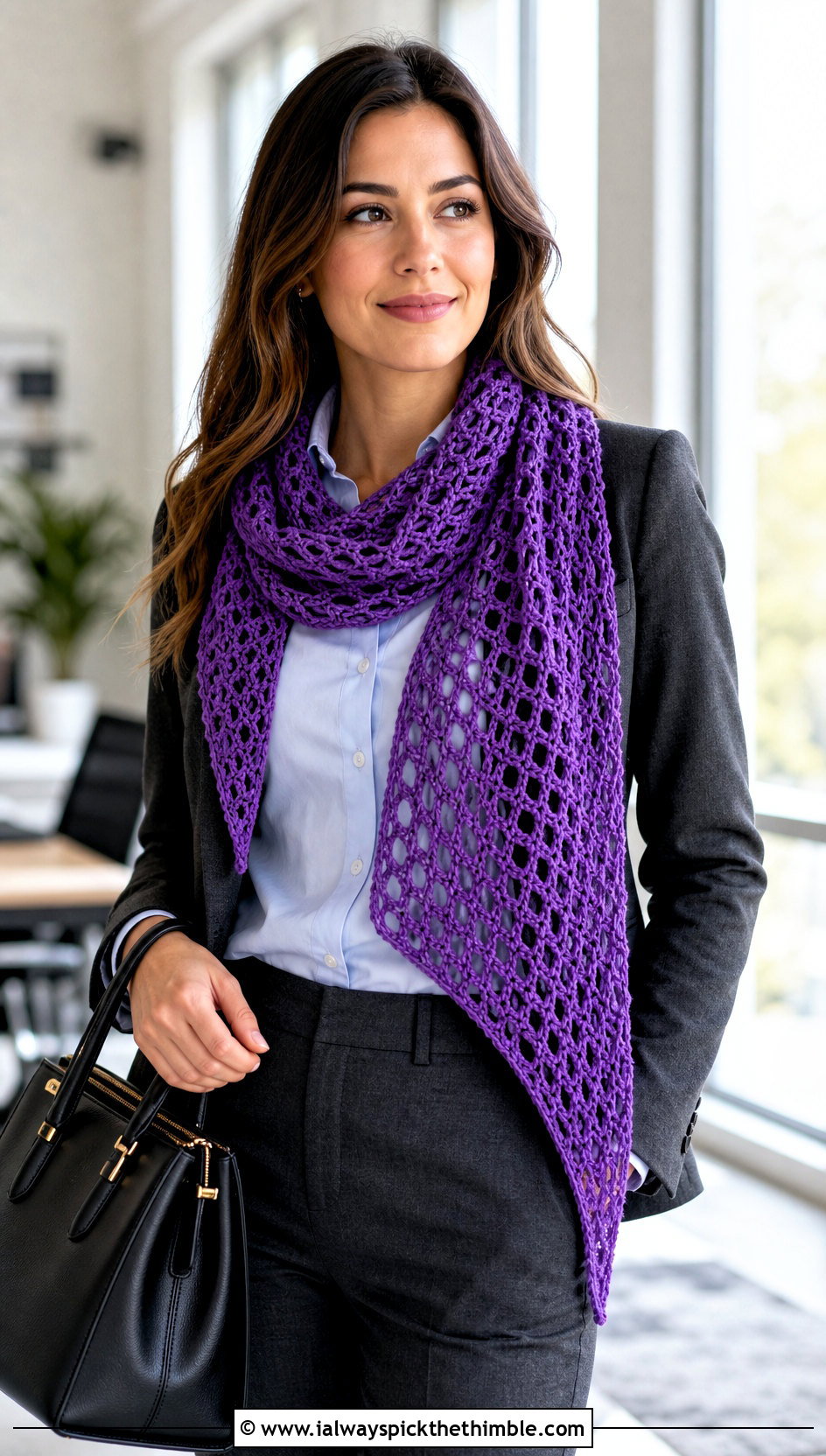 Lace Mesh Crochet Boomerang Scarf With Tailored Trousers - 15 Crochet Boomerang Scarf outfit ideas
