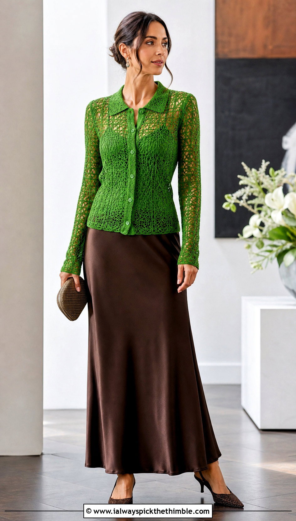 Lace Mesh Crochet Button Sweater With Satin Slip Skirt - 20 Crochet Button Sweater outfit ideas