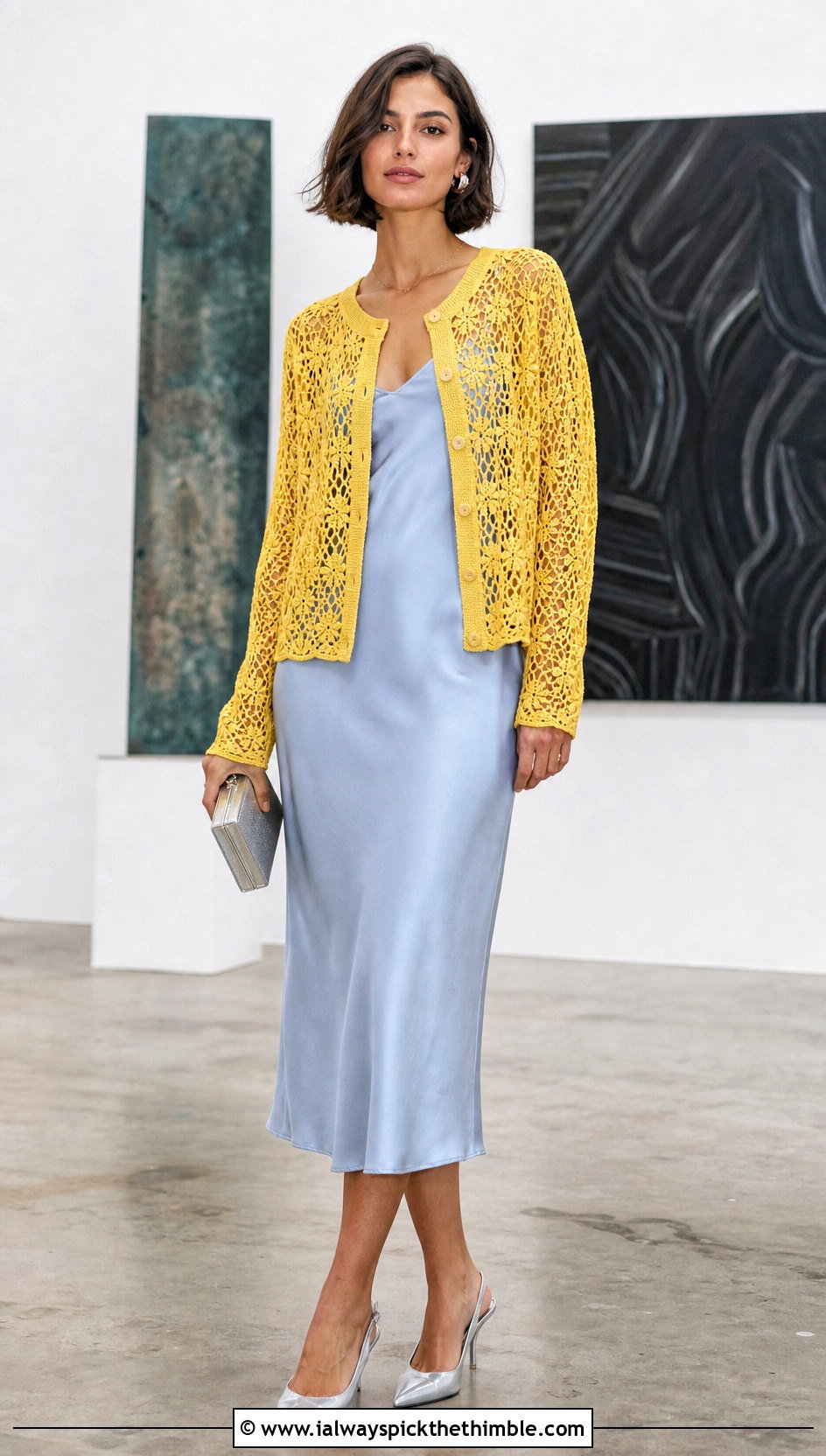 Lace Mesh Crochet Button Up Cardigan With Satin Slip Dress - 20 Crochet Button Up Cardigan outfit ideas